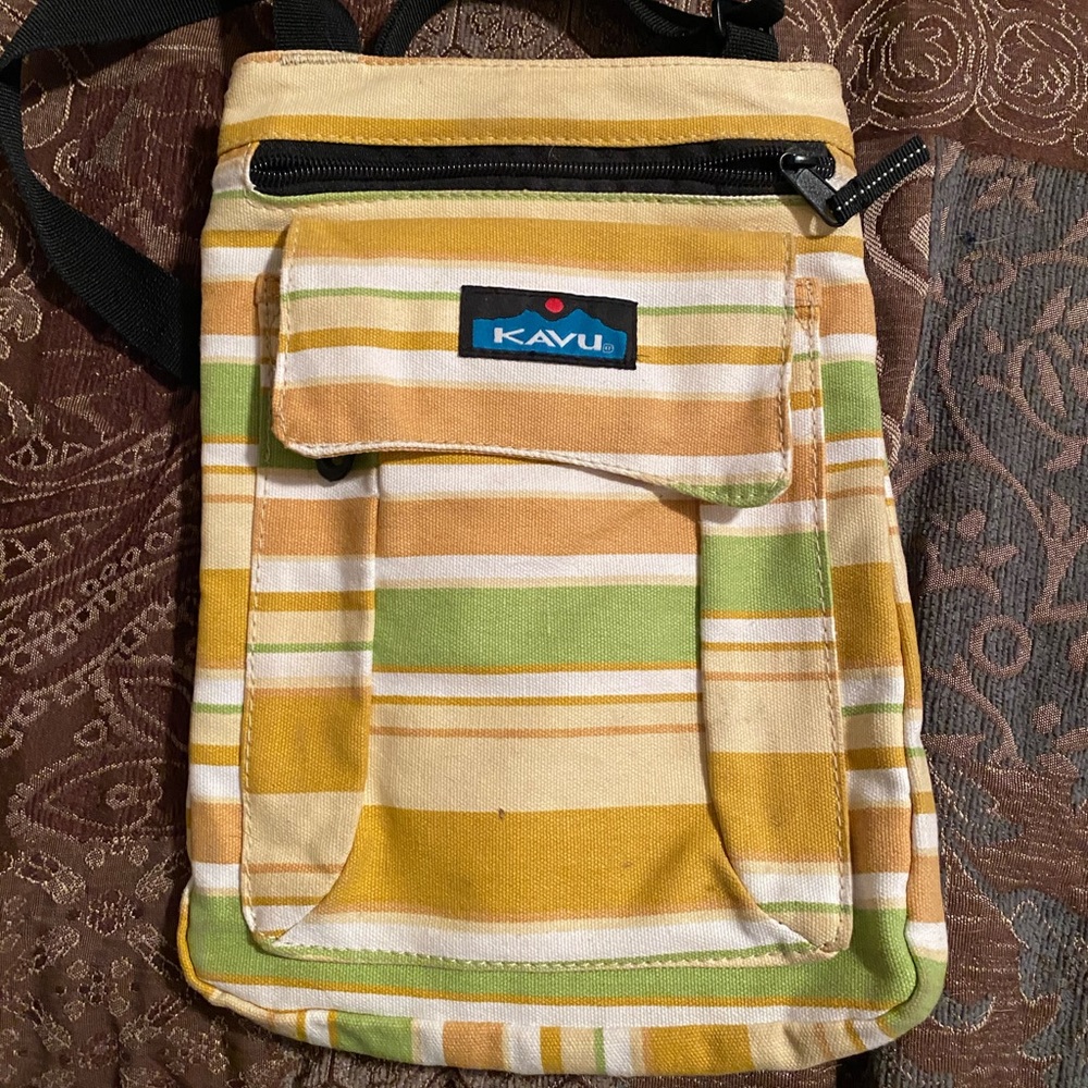Kavu, yellow, white, and green small shoulder bag.